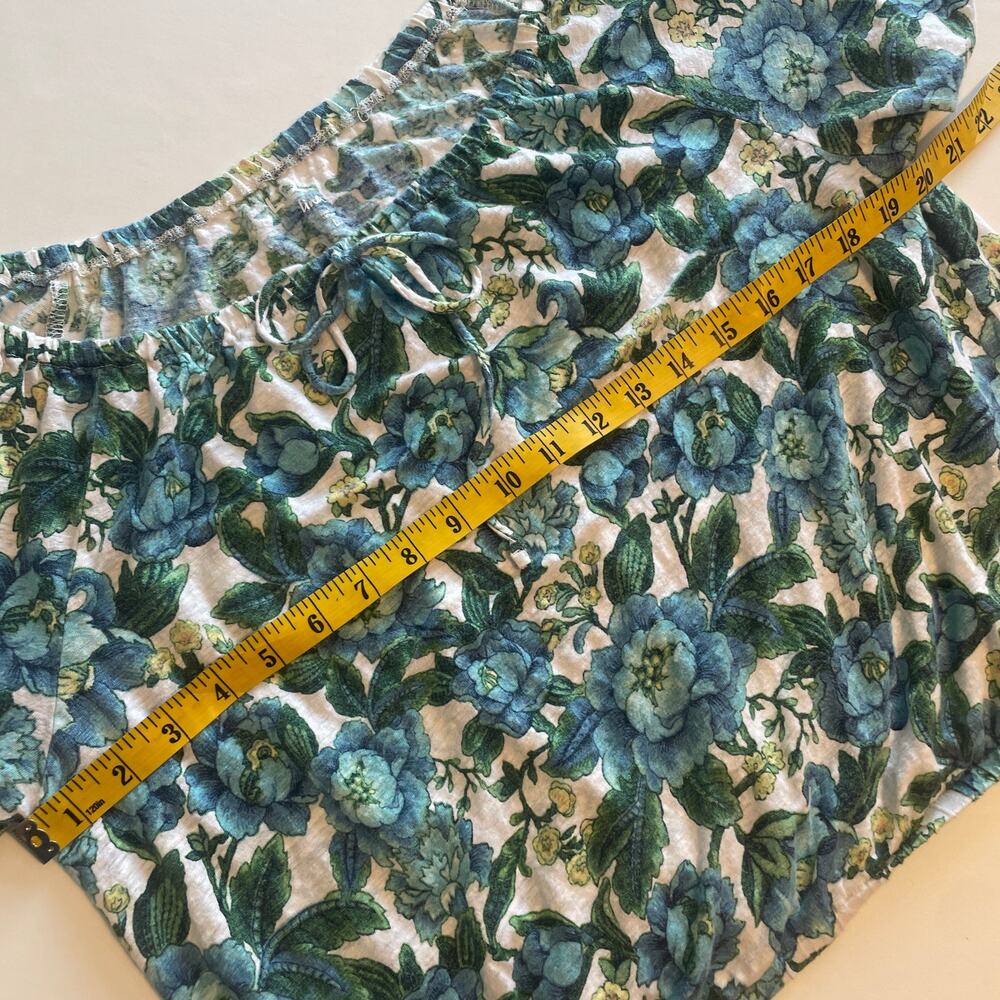 LOFT Floral Shirred Linen Top Womens Large Blue Green Bubble Hem Tee - Picture 8 of 9